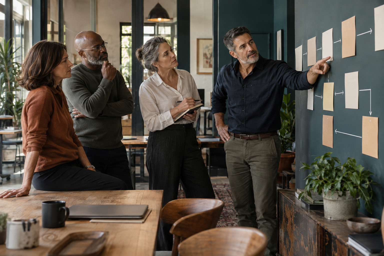 Business owners mapping and improving a workflow together